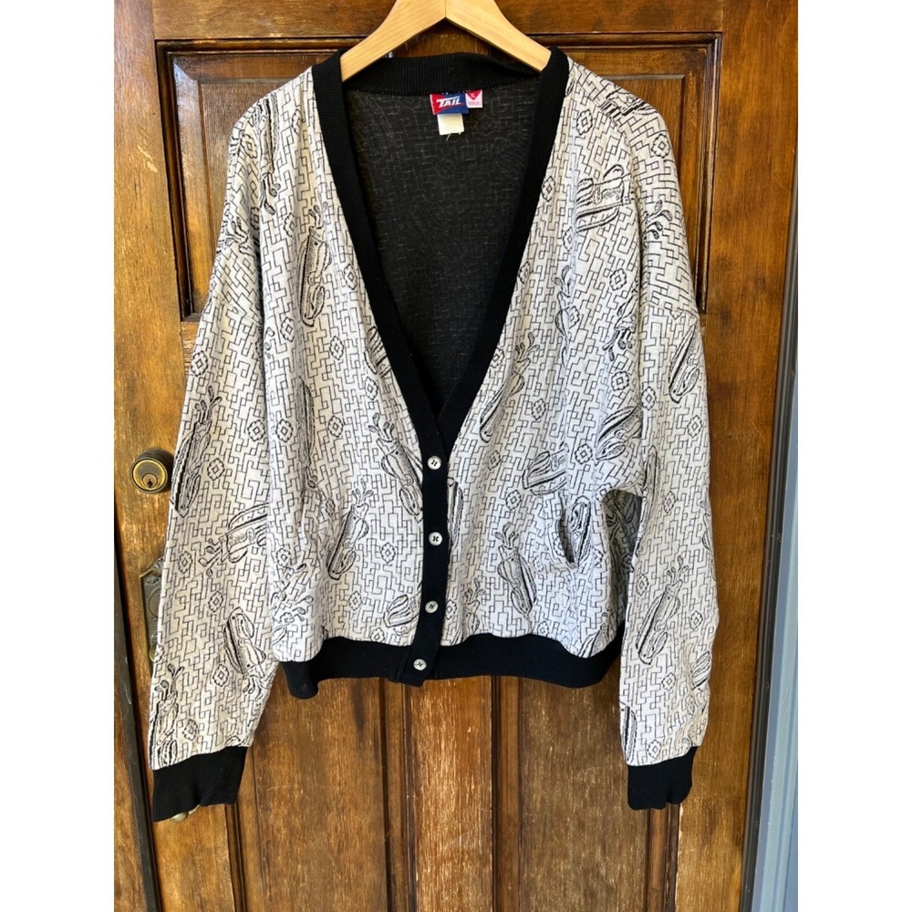 90s Golf Cardigan Made In USA Grandma | White Black | Size XL